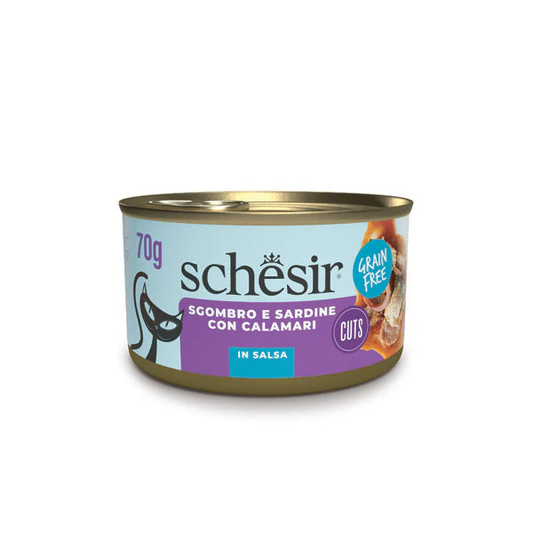Alimento complementare Schesir Filetti di Sgombro Sardine e Calamari in Salsa 70 g per gatti adulti Alimento complementare Schesir Filetti di Sgombro Sardine e Calamari in Salsa 70 g per gatti adulti